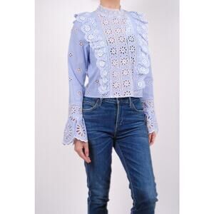 Sea Exploded New York Exploded Eyelet Ruffle Top Retail $ 345 Blue White